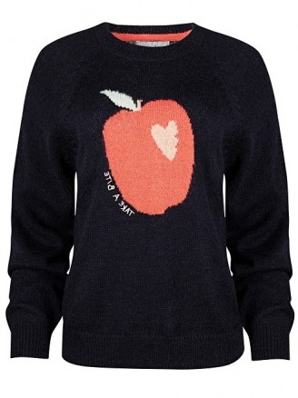 OLIVER BONAS Apple Motif Navy Blue Knitted Jumper | fruit pattern sweater - flipped
