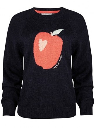 OLIVER BONAS Apple Motif Navy Blue Knitted Jumper | fruit pattern sweater