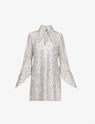 16 ARLINGTON Sangana loose-fit sequin-embellished mini dress ~ sparkling silver evening dresses ~ oversized pointed collars ~ long fluted sleeves ~ glamorous occasionwear - flipped