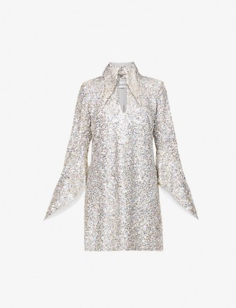 16 ARLINGTON Sangana loose-fit sequin-embellished mini dress ~ sparkling silver evening dresses ~ oversized pointed collars ~ long fluted sleeves ~ glamorous occasionwear