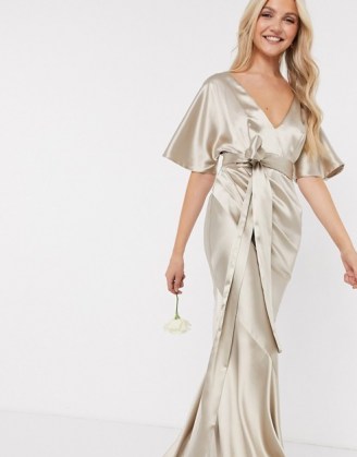 ASOS DESIGN Bridesmaid satin kimono sleeve maxi dress with panelled skirt and belt in Oyster - flipped