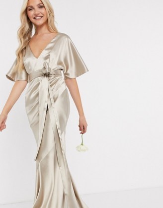 ASOS DESIGN Bridesmaid satin kimono sleeve maxi dress with panelled skirt and belt in Oyster