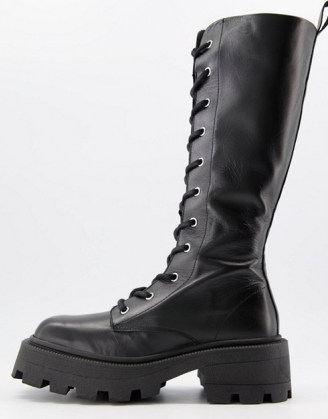 ASOS DESIGN Celina leather square toe lace up knee boots in black ~ chunky sole and heel