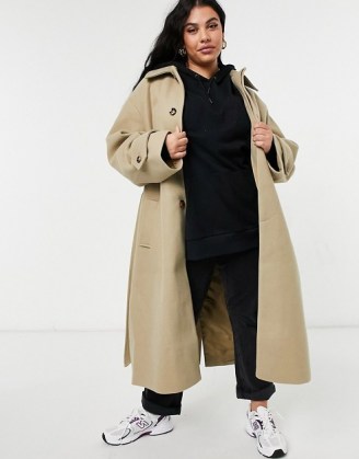 ASOS DESIGN Curve belted overcoat in camel ~ longline plus size coats - flipped