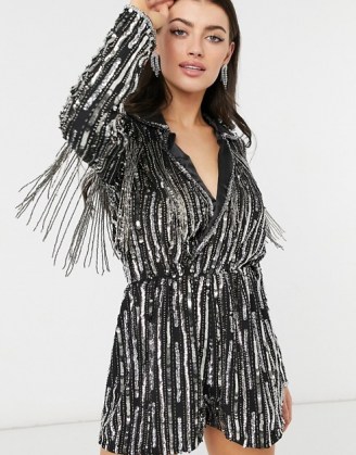 ASOS DESIGN linear sequin tux playsuit in black ~ fringed sequinned playsuits ~ glamorous part fashion - flipped