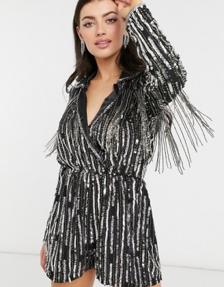 ASOS DESIGN linear sequin tux playsuit in black ~ fringed sequinned playsuits ~ glamorous part fashion