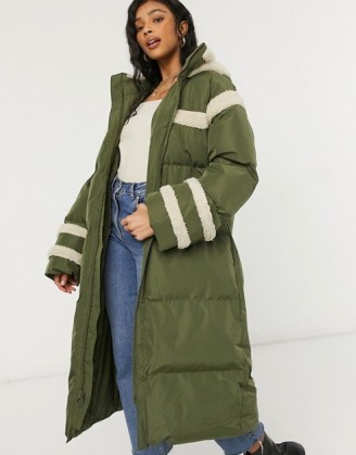 ASOS DESIGN longline puffer jacket with borg detail in khaki ~ green padded coats - flipped