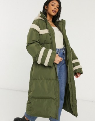 ASOS DESIGN longline puffer jacket with borg detail in khaki ~ green padded coats