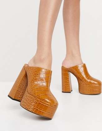 ASOS DESIGN Peco super high heeled mules in tan ~ extreme chunky mules