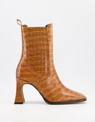 ASOS DESIGN Radius premium leather high heeled boots in tan croc ~ crocodile effect square toe boot - flipped