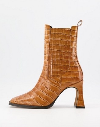 ASOS DESIGN Radius premium leather high heeled boots in tan croc ~ crocodile effect square toe boot