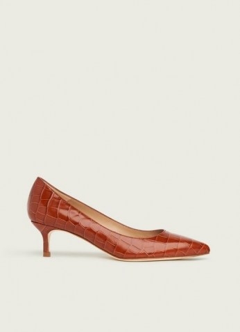 L.K. BENNETT AUDREY TAN CROC-EFFECT LEATHER COURTS / brown crocodile-embossed kitten heel court shoes - flipped
