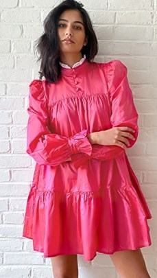 AVAVAV Ruffle Long Sleeve Lace Collar Dress | hot pink high neck dresses | puff sleeve fashion - flipped