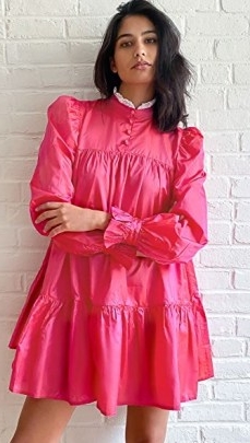 AVAVAV Ruffle Long Sleeve Lace Collar Dress | hot pink high neck