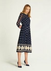 L.K. BENNETT AVERY BLUE & CREAM SPOT PRINT PLEATED MIDI DRESS / semi sheer dresses
