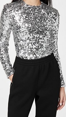 A.W.A.K.E MODE Roundneck Long Sleeve Pailette Top / silver sequinned tops - flipped