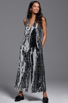 Maeve Royale Sequinned Jumpsuit ~ metallic silver sequinned jumpsuits - flipped