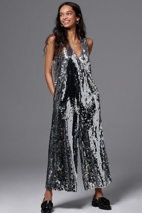 Maeve Royale Sequinned Jumpsuit ~ metallic silver sequinned jumpsuits