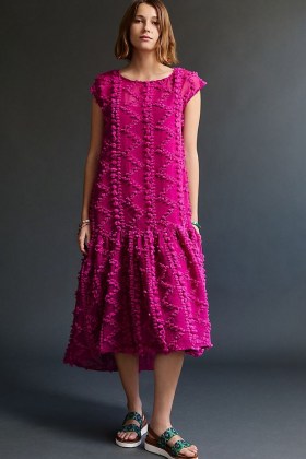 ANTHROPOLOGIE Ferne Textured Asymmetric Midi Dress ~ pink dip hem dresses - flipped