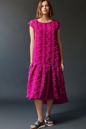 ANTHROPOLOGIE Ferne Textured Asymmetric Midi Dress ~ pink dip hem dresses
