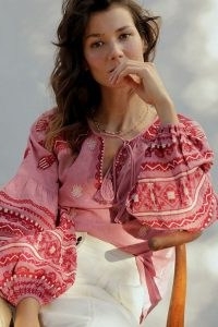 Seen Worn Kept Layla Embroidered Blouse ~ pink volume sleeve blouses ~ bohemian style top
