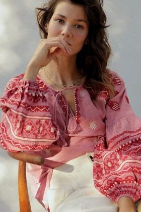 Seen Worn Kept Layla Embroidered Blouse ~ pink volume sleeve blouses ~ bohemian style top - flipped