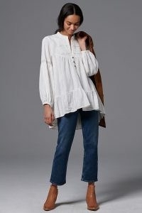 ANTHROPOLOGIE Aimee Lace Tunic Blouse ~ dip hem blouses ~ tops with volume