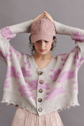 ANTHROPOLOGIE Saoirse Raw-Edge Cardigan Lilac / textured floral cardigans / distressed knitwear - flipped