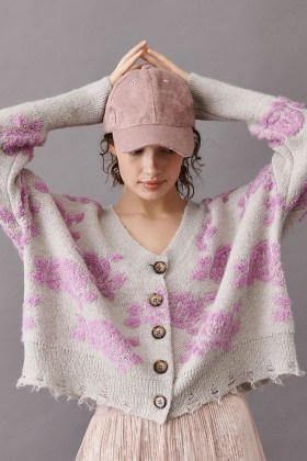 ANTHROPOLOGIE Saoirse Raw-Edge Cardigan Lilac / textured floral cardigans / distressed knitwear