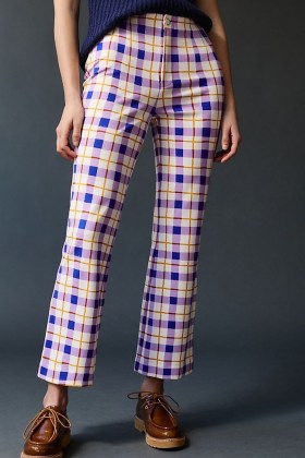 Maeve Susanna Printed Flare Trousers Purple Motif / checked crop hem flares