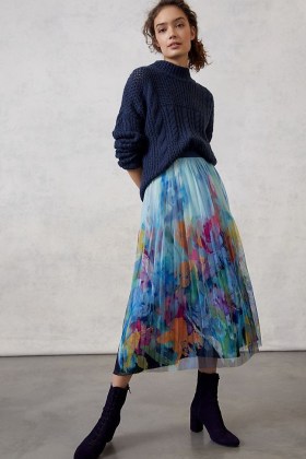 Maeve Chrysanthe Tulle Midi Skirt | floral sheer overlay skirts - flipped