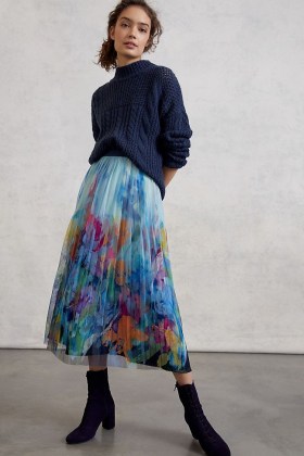 Maeve Chrysanthe Tulle Midi Skirt | floral sheer overlay skirts
