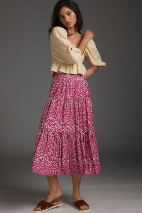 Anthropologie Marcella Tiered Midi Skirt Pink Combo - flipped