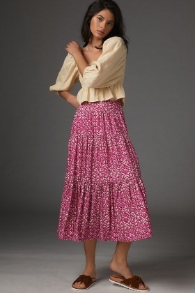 Anthropologie Marcella Tiered Midi Skirt Pink Combo