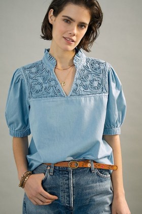 Porridge Kara Embroidered Blouse | light blue puff sleeve blouses - flipped