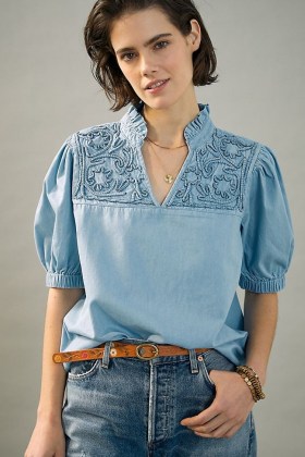 Porridge Kara Embroidered Blouse | light blue puff sleeve blouses