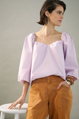 Mare Mare x Anthropologie Janine Sweetheart Blouse Lavender ~ balloon sleeve blouses