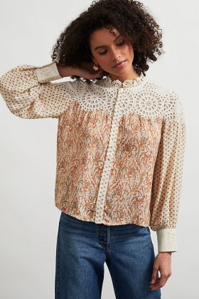 ANTHROPOLOGIE Jenny Patchwork Lace Blouse ~ feminine mixed print blouses - flipped