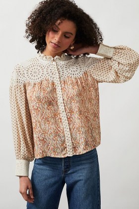 ANTHROPOLOGIE Jenny Patchwork Lace Blouse ~ feminine mixed print blouses