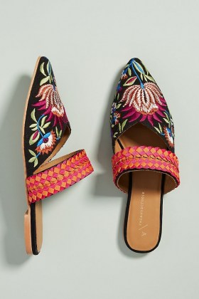 ANTHROPOLOGIE Paz Beaded Slides / flat floral embroidered mules - flipped