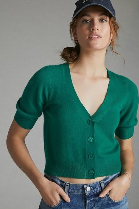 Maeve Beth Puff-Sleeved Cashmere Cardigan | green crop hem cardigans