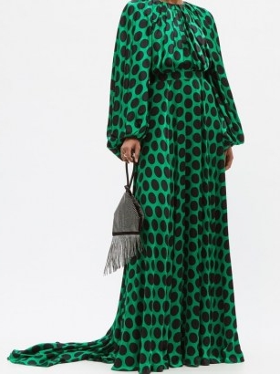 HALPERN Balloon-sleeve polka-dot satin gown / large spot print gowns in green
