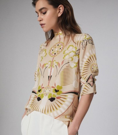 REISS BETH PRINTED HIGH NECK BLOUSE NEUTRAL ~ beautiful floral prints - flipped