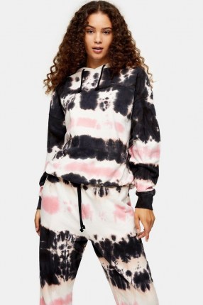 TOPSHOP Black And Pink Tie Dye Print Hoodie / pullover hoodies / hooded tops - flipped