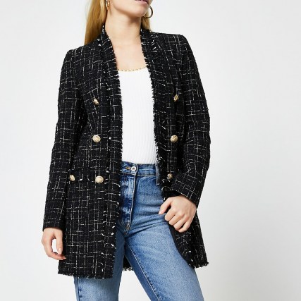RIVER ISLAND Black boucle button front jacket / textured checked jackets - flipped