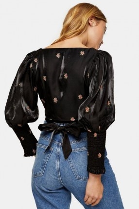TOPSHOP Black Embroidered Rose Crop Blouse / back tie detail blouses / cropped waist tops - flipped