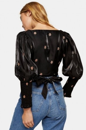 TOPSHOP Black Embroidered Rose Crop Blouse / back tie detail blouses / cropped waist tops