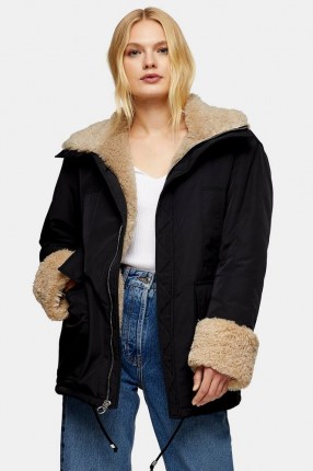 TOPSHOP Black Faux Fur Lined Nylon Parka Coat ~ modern classics ~ winter coats - flipped