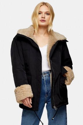TOPSHOP Black Faux Fur Lined Nylon Parka Coat ~ modern classics ~ winter coats
