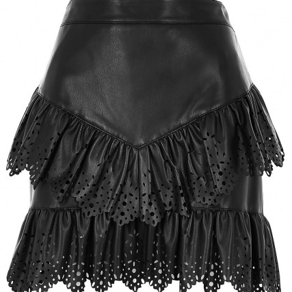 River Island Black faux leather cutwork frill mini skirt - flipped